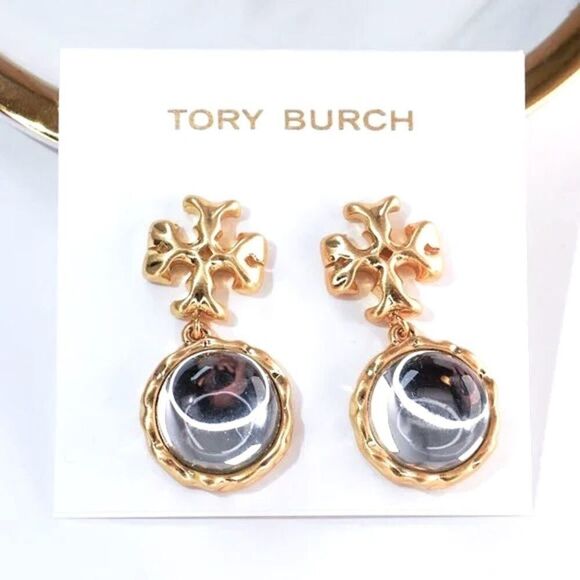 Tory Burch Roxanne Gold Logo, Clear Resin Dangle Stud Earring’s - Picture 1 of 5
